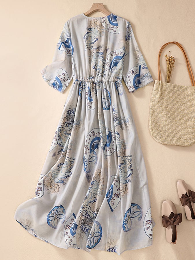 Lovevop Printed Loose Lace Up Waist Button Dress