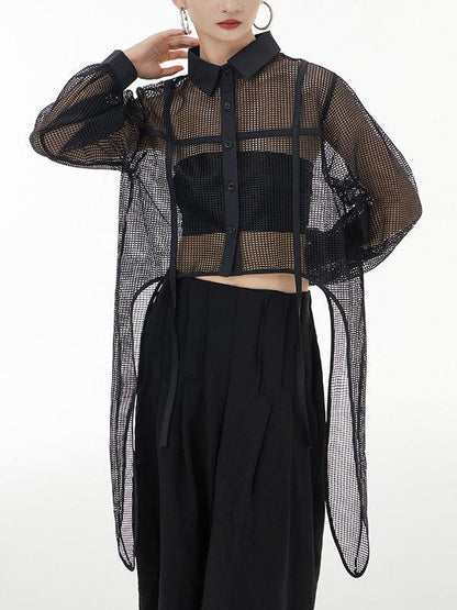 lovevop Stylish Long Sleeves Loose Mesh See-Through Sun Protection Blouses&Shirts Tops