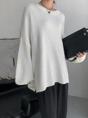 lovevop Stretch Mohair-Blend Balloon Sleeves Loose Solid Round-Neck Sweater Tops