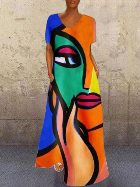 Women's Artistic Face Print Round Neck Casual Dress
