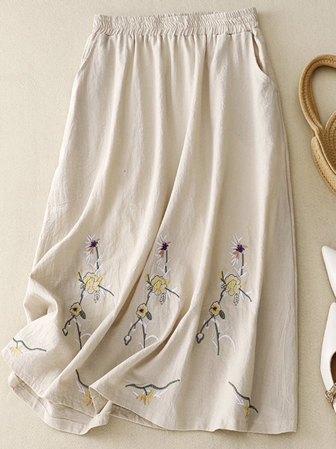 Lovevop Cotton Side Pocket Floral Embroidered Loose Skirt
