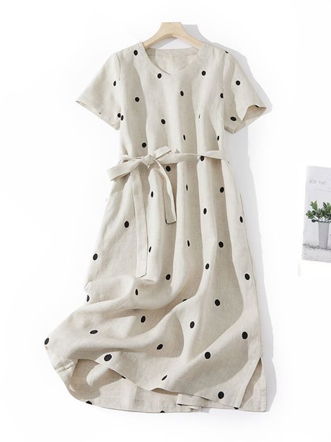 Cotton And Linen Printed Polka Dot Waistband Dress