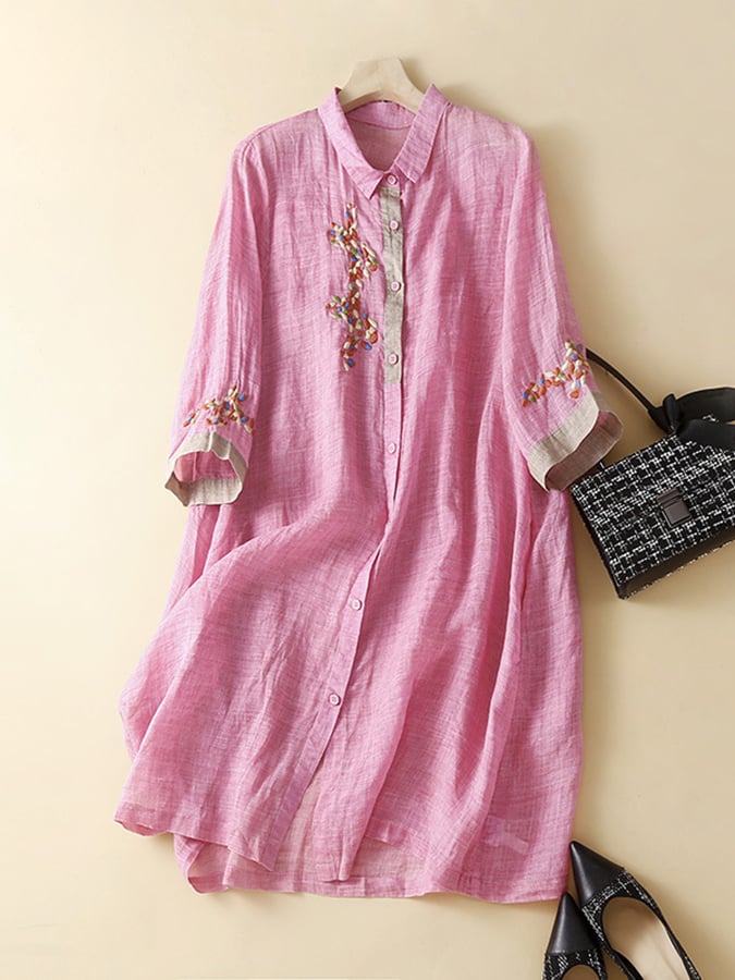 Lovevop Cotton And Linen Embroidered Contrasting Ethnic Style Dress