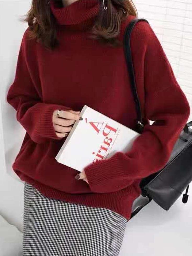 lovevop Casual Loose Long Sleeves Solid Color High-Neck Sweater Tops