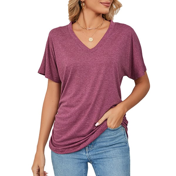 New casual pullover v-neck solid color loose ladies tops