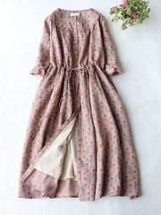 Cotton And Linen Retro Waistband Printed Lace Up Dress