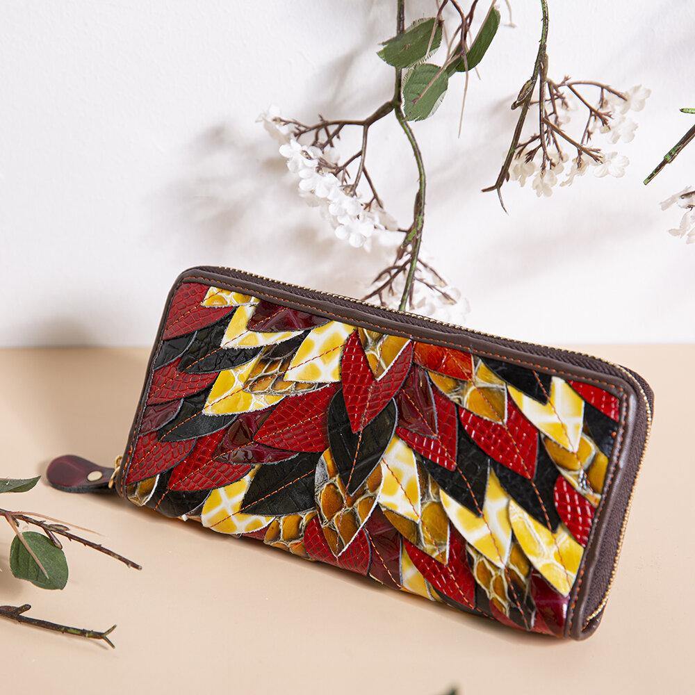 lovevop Women Genuine Leather Patchwork Vintage Wallet Purse Clutches Bag