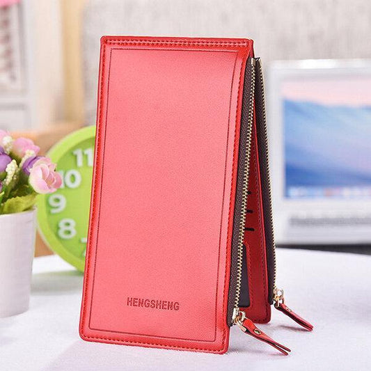 elvesmall Women Faux Leather Leisure Double Zipper Long Wallet Multi-slots Card Holder Purse