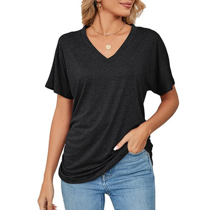 New casual pullover v-neck solid color loose ladies tops