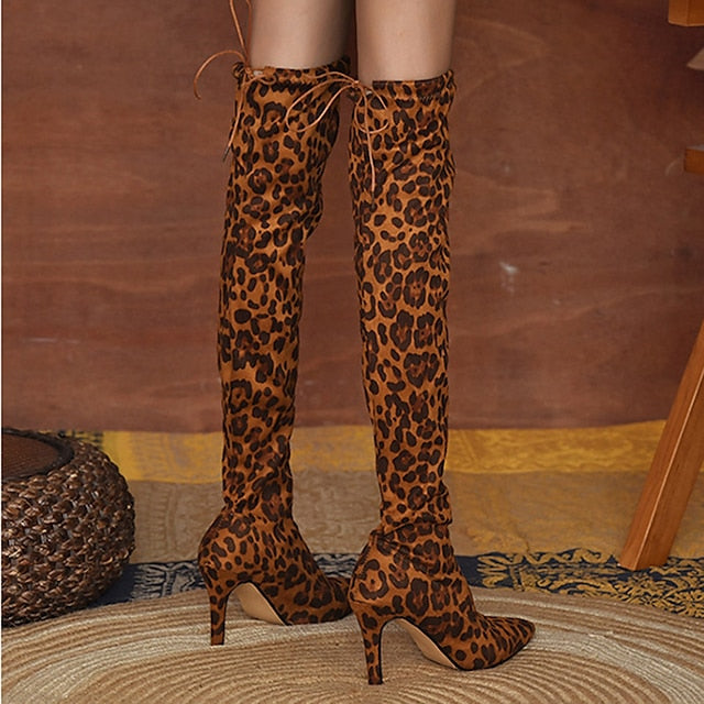 lovevop Autumn Boots  Women's Boots Heel Boots Daily Over The Knee Boots Winter High Heel Pointed Toe Leopard Tiger Leopard White leopard Tiger pattern