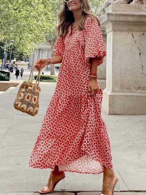 Printed Patch Puff Sleeve Dress