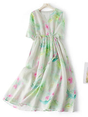 Lovevop Cotton And Linen Printed Retro Art Waistband Dress
