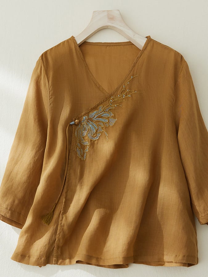 Lovevop Cotton Embroidered Loose And Thin Vintage Shirt