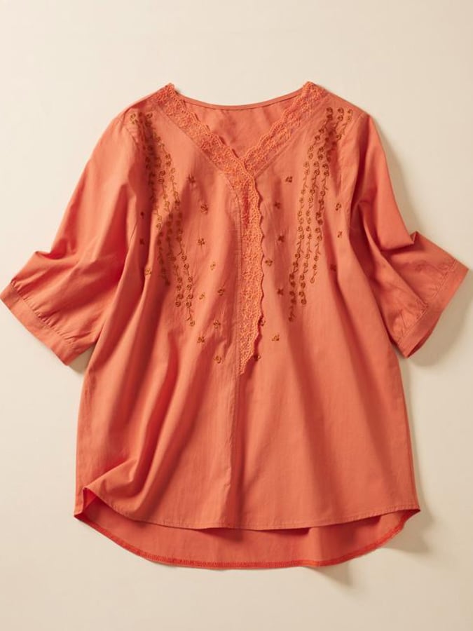 Lovevop Lace Trim V Neck Embroidered Temperament Casual Top