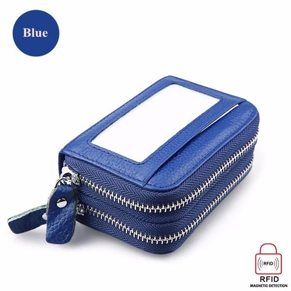 elvesmall Genuine Leather RFID Double Zipper 11 Card Holder Coin Bag