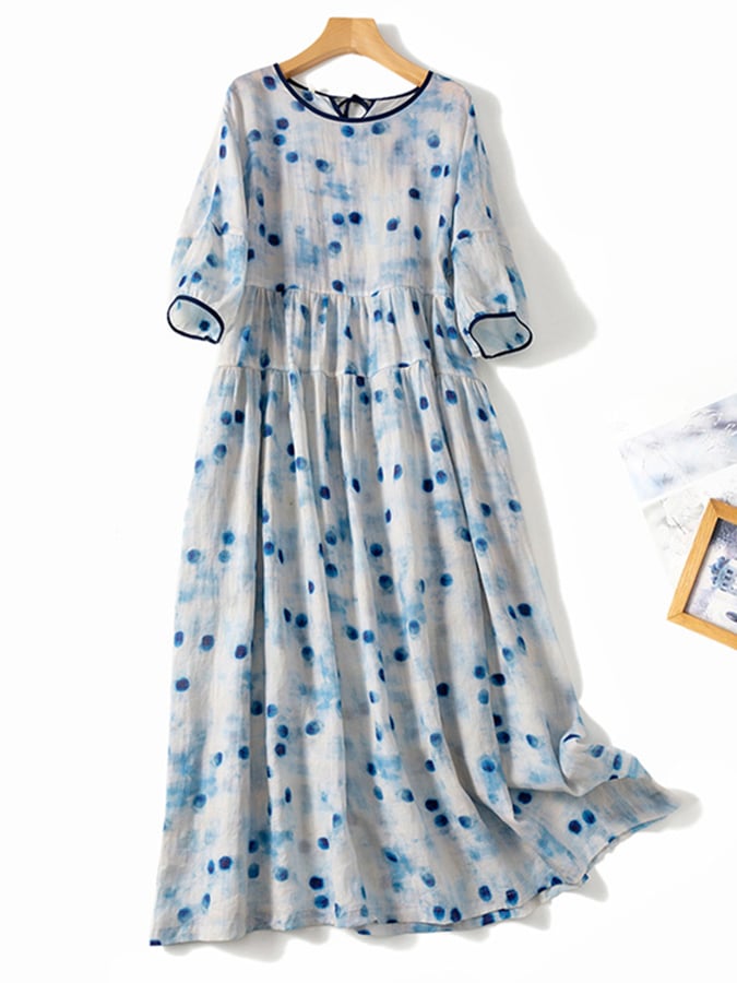 Lovevop Cotton Linen Blue Polka Dot Printed Loose Dress