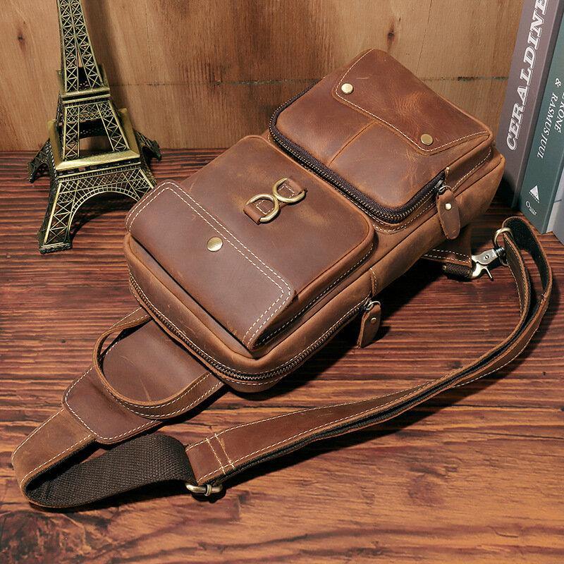 lovevop Men Genuine Leather Cowhide Retro Fashion Chest Bag Crossbody Bag Sling Bag