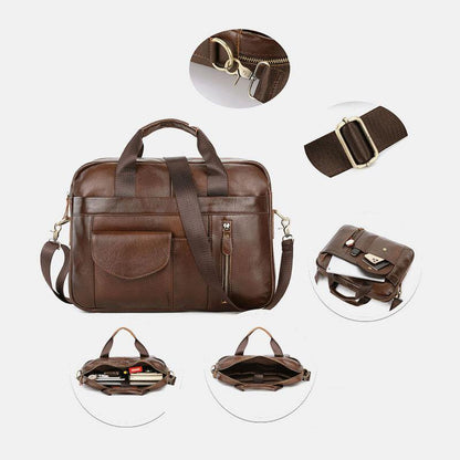 lovevop Men Genuine Leather Multi-pocket Vintage 14 Inch Laptop Bag Briefcases Crossbody Bag Shoulder Bag Handbag