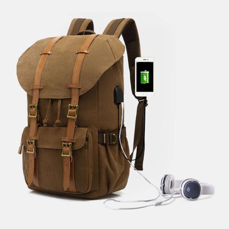 lovevop Men Genuine Leather And Canvas USB Charging Retro Travel Outdoor Large Capacity Backpack