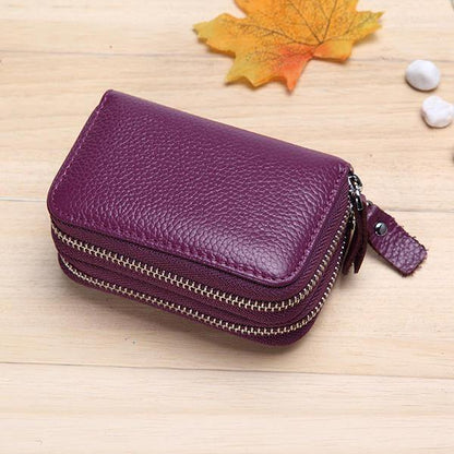 elvesmall Genuine Leather RFID Double Zipper 11 Card Holder Coin Bag