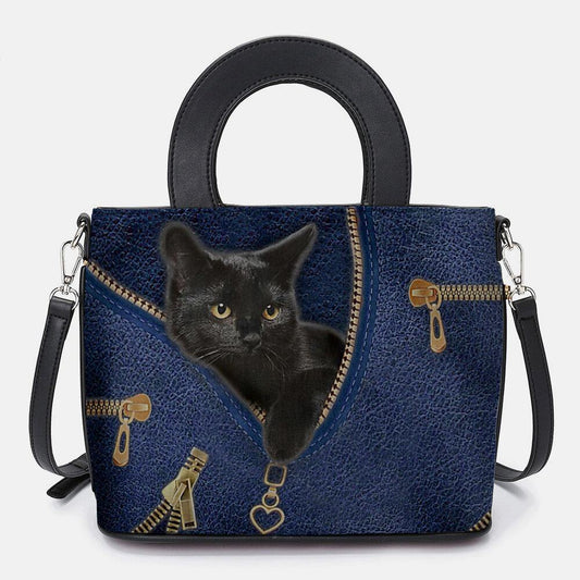 lovevop Women Faux Leather Cartoon Black Cat Pattern Multi-carry Handbag Crossbody Bag Satchel Bag