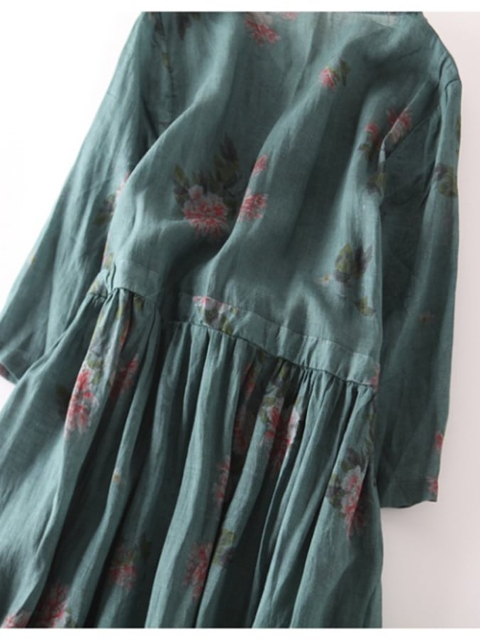 Lovevop Retro Art Cotton Linen Printed Waistband Dress