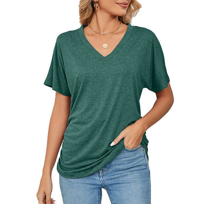 New casual pullover v-neck solid color loose ladies tops