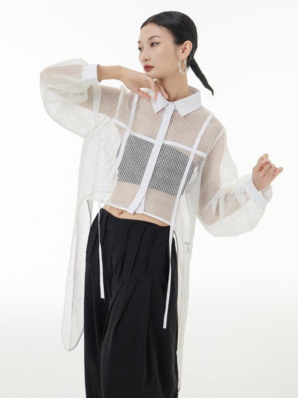 lovevop Stylish Long Sleeves Loose Mesh See-Through Sun Protection Blouses&Shirts Tops