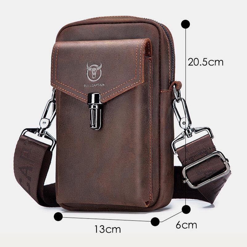 lovevop Men Genuine Leather Large Capacity Vintage 6.5 Inch Phone Bag Waist Bag Shoulder Bag Crossbody Bag