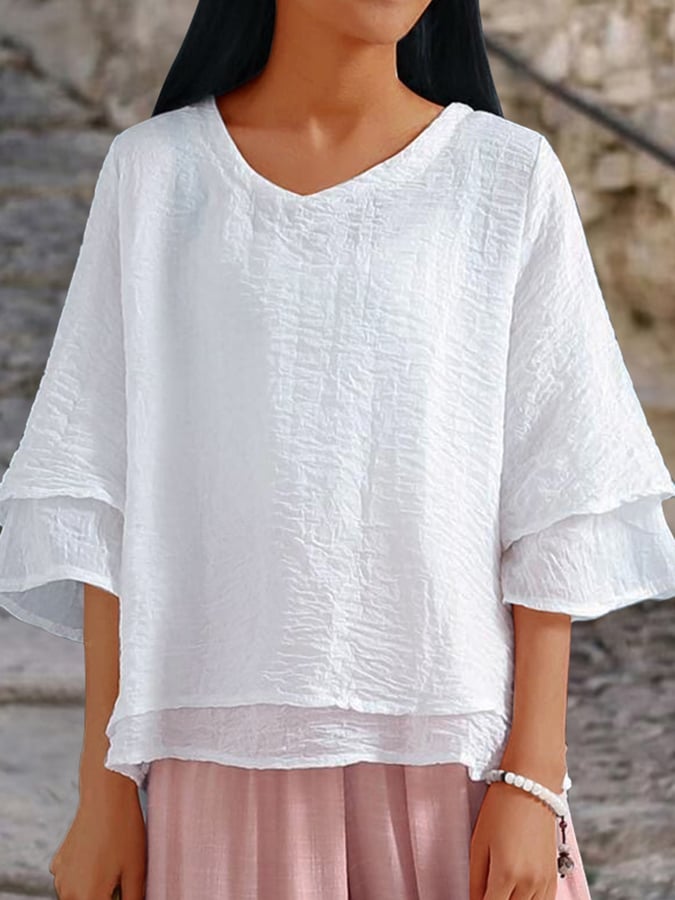 Lovevop Double Layer Stitching V-Neck Loose Cotton Linen Shirt