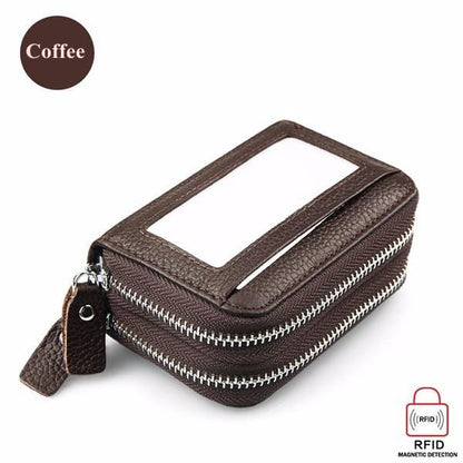 elvesmall Genuine Leather RFID Double Zipper 11 Card Holder Coin Bag