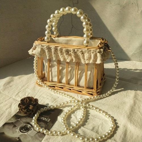 lovevop Handbag Chain Homemade Bag Pearl Woven Rattan Square Bag Straw Woven