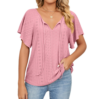 Women's solid colour V-neck lace-up loose t-shirt