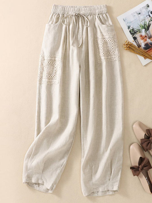 Lovevop Cotton Embroidered Patch Elastic Waist Harlan Pants