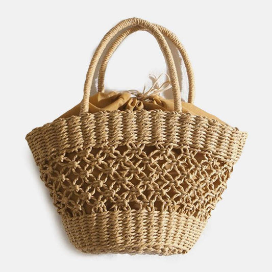 lovevop Women Straw Hollow Retro Handmade Paper String Cylindrical Bag Beach Bag Handbag