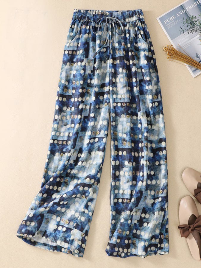 Lovevop Cotton Printed Elastic Waist Tie Up Straight Cropped Pants