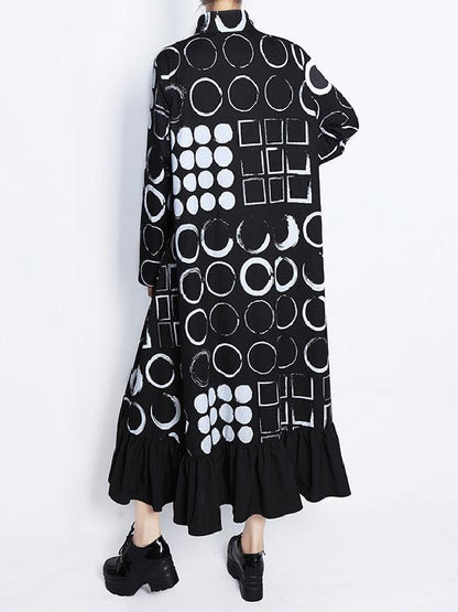 lovevop Casual High-Low Long Sleeves Polka-Dot Printed Falbala Black Midi Dress