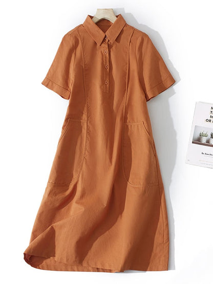 Lovevop Loose Solid Cotton Linen Lapel Short Sleeve Dress