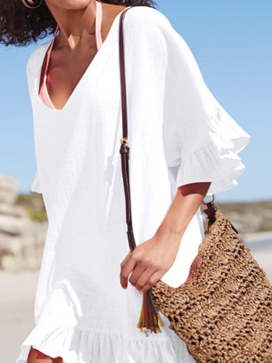 Women's V Neck Ruffles Vacation Beach Cover Up Dress