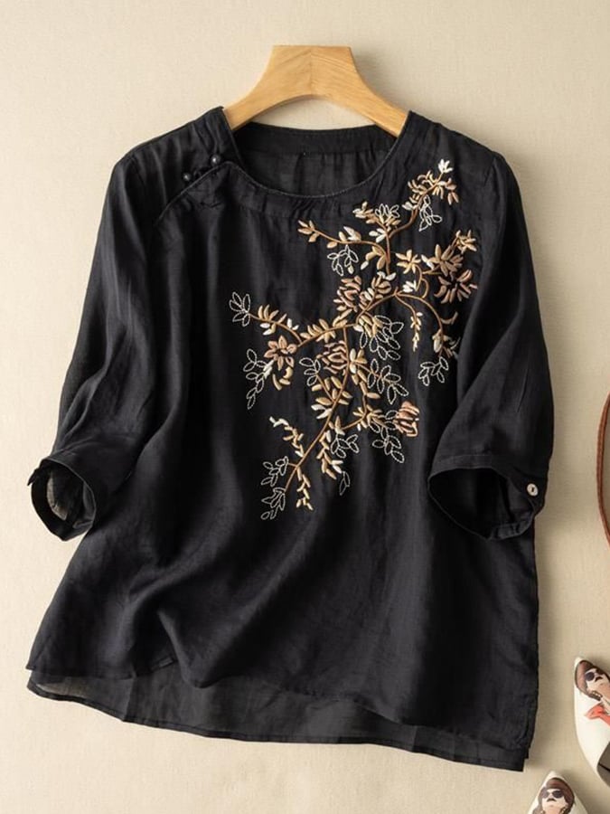 Lovevop Cotton Ethnic Style Embroidered Round Neck Loose Shirt