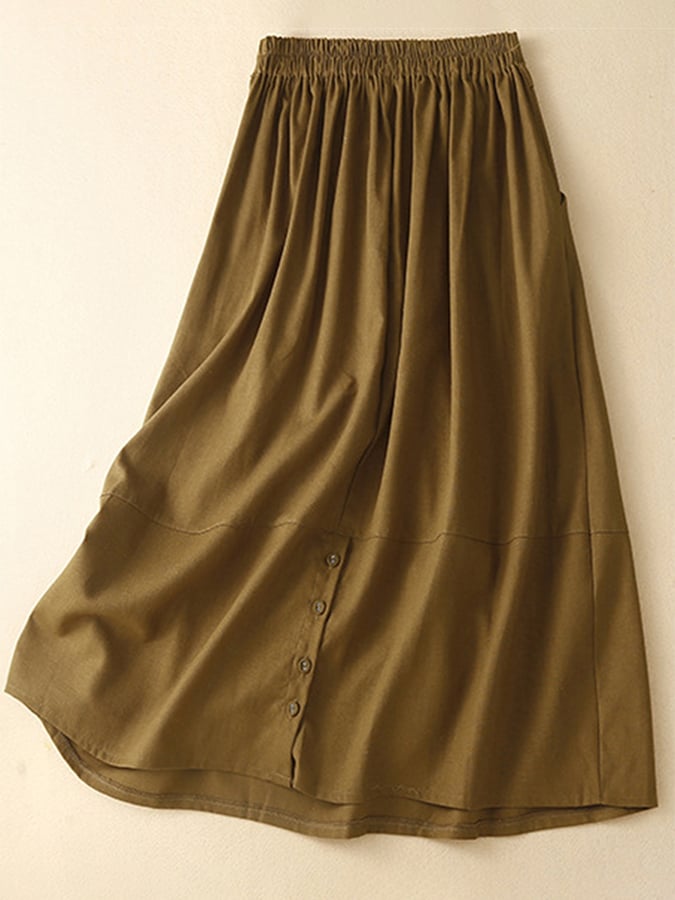 Lovevop Cotton Linen Half Elastic Waist Casual Skirt