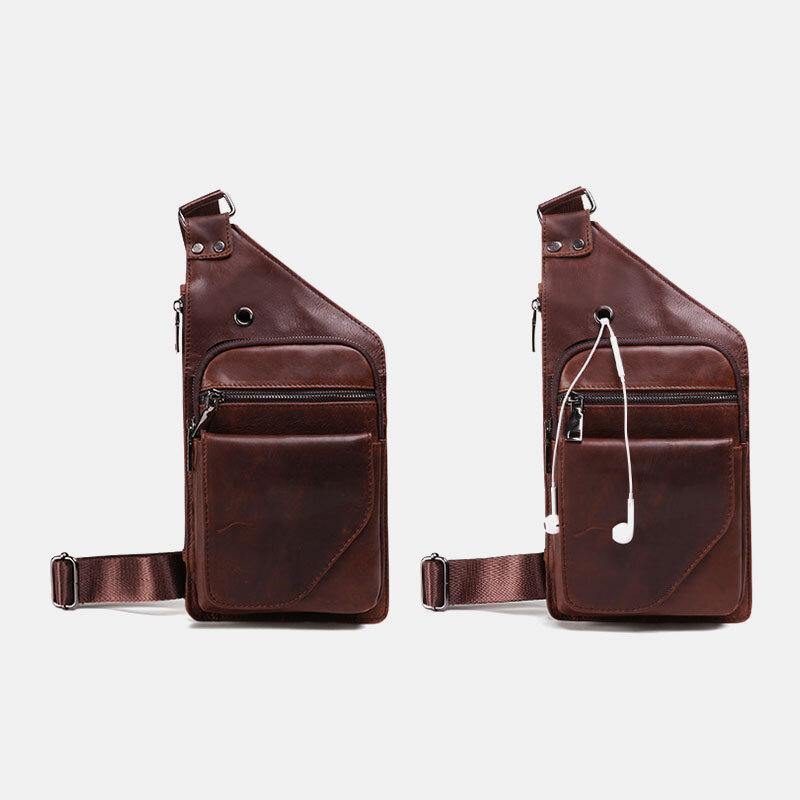 lovevop Men Genuine Leather Retro Business Leather Chest Bag Crossbody Bag With Earphone Hole