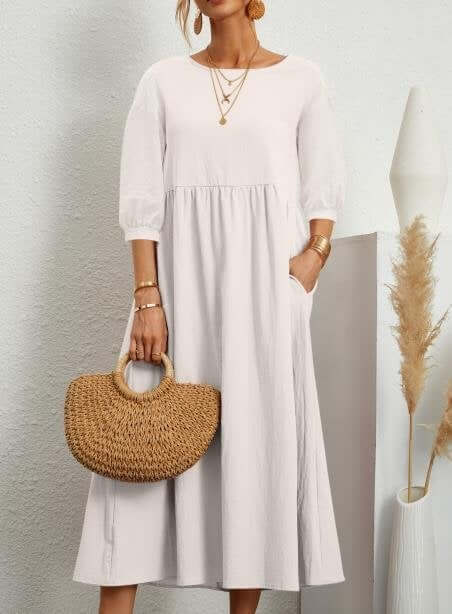 Women's Lantern Sleeve Cotton And Linen Summer Dress
