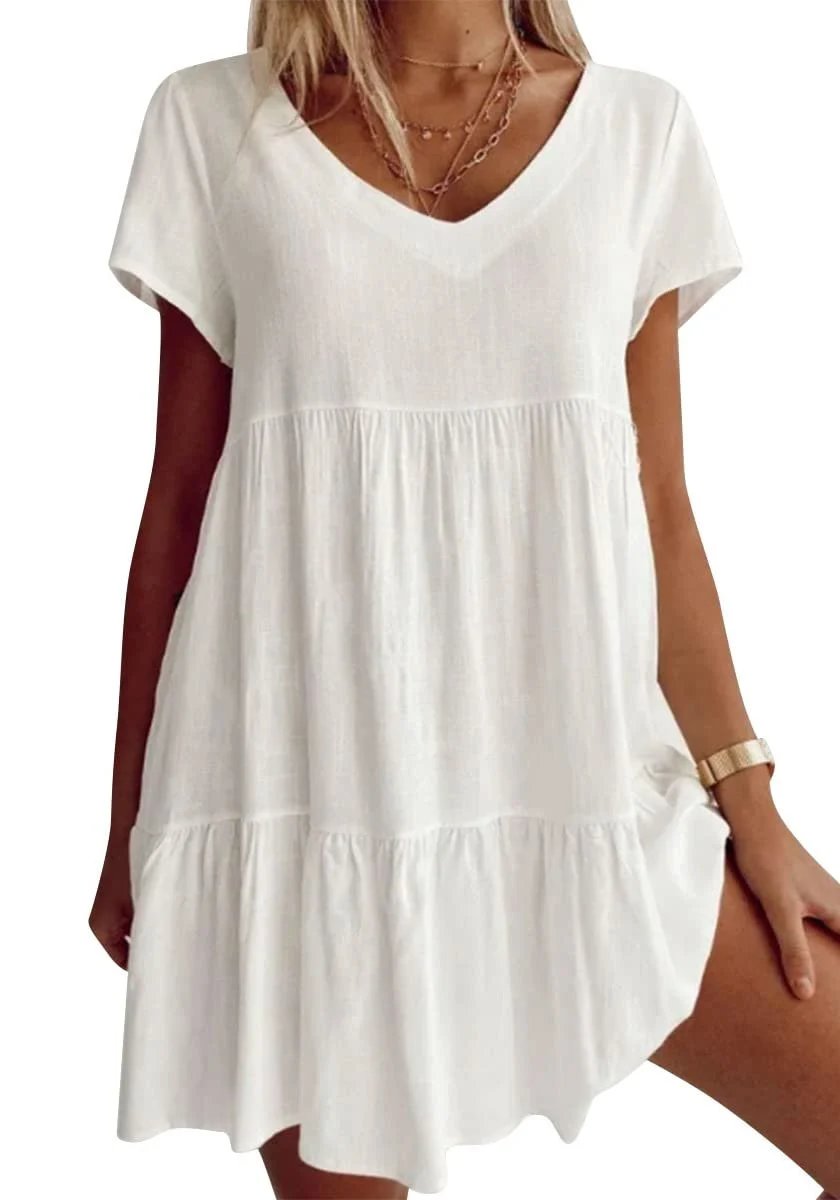 V-neck casual short-sleeved woven dress-Buy 2 Free Shipping