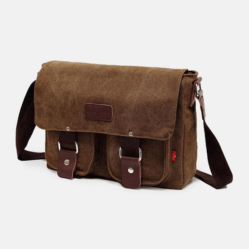 lovevop Men Genuine Leather And Canvas Retro Travel Outdoor Multi-pocket Carrying Bag Crossbody Bag