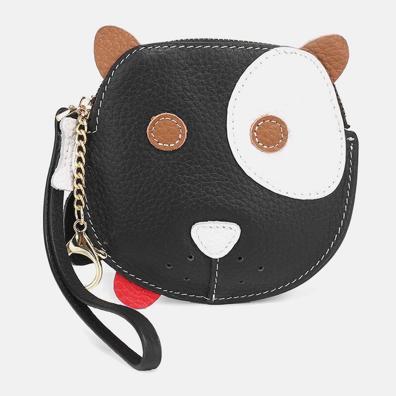 elvesmall Women Genuine Leather Cowhide Cute Cartoon Dog Pattern Small Storage Bag Coin Bag