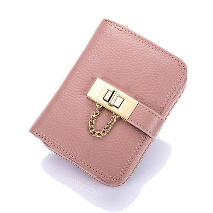 elvesmall Women Genuine Leather Zipper Card Holder Chain Lock Short Purse Wallets