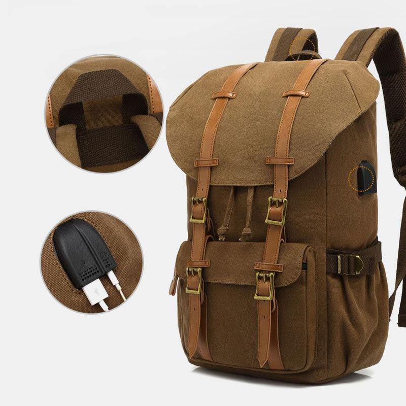 lovevop Men Genuine Leather And Canvas USB Charging Retro Travel Outdoor Large Capacity Backpack