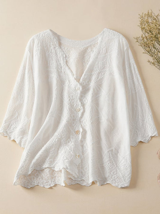 Lovevop Embroidered Lace V-Neck Temperament Ladies Casual Shirt
