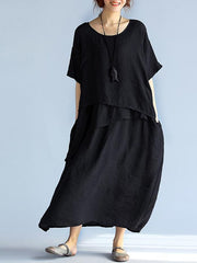 Lovevop Solid Loose Short Sleeve Multi Layered Dress